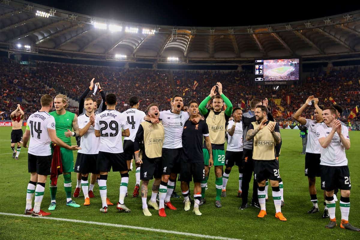 ROME, ITALY - Wednesday, May 2, 2018: Liverpool players celebrate after the 7-6 aggregate victory over AS Roma during the UEFA Champions League Semi-Final 2nd Leg match between AS Roma and Liverpool FC at the Stadio Olimpico. (Pic by David Rawcliffe/Propaganda)