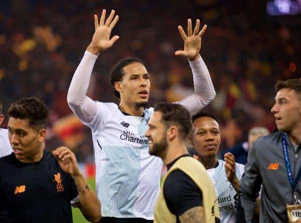 ROME, ITALY - Wednesday, May 2, 2018: Liverpool's Virgil van Dijk celebrates after the 7-6 aggregate victory over AS Roma during the UEFA Champions League Semi-Final 2nd Leg match between AS Roma and Liverpool FC at the Stadio Olimpico. (Pic by David Rawcliffe/Propaganda)