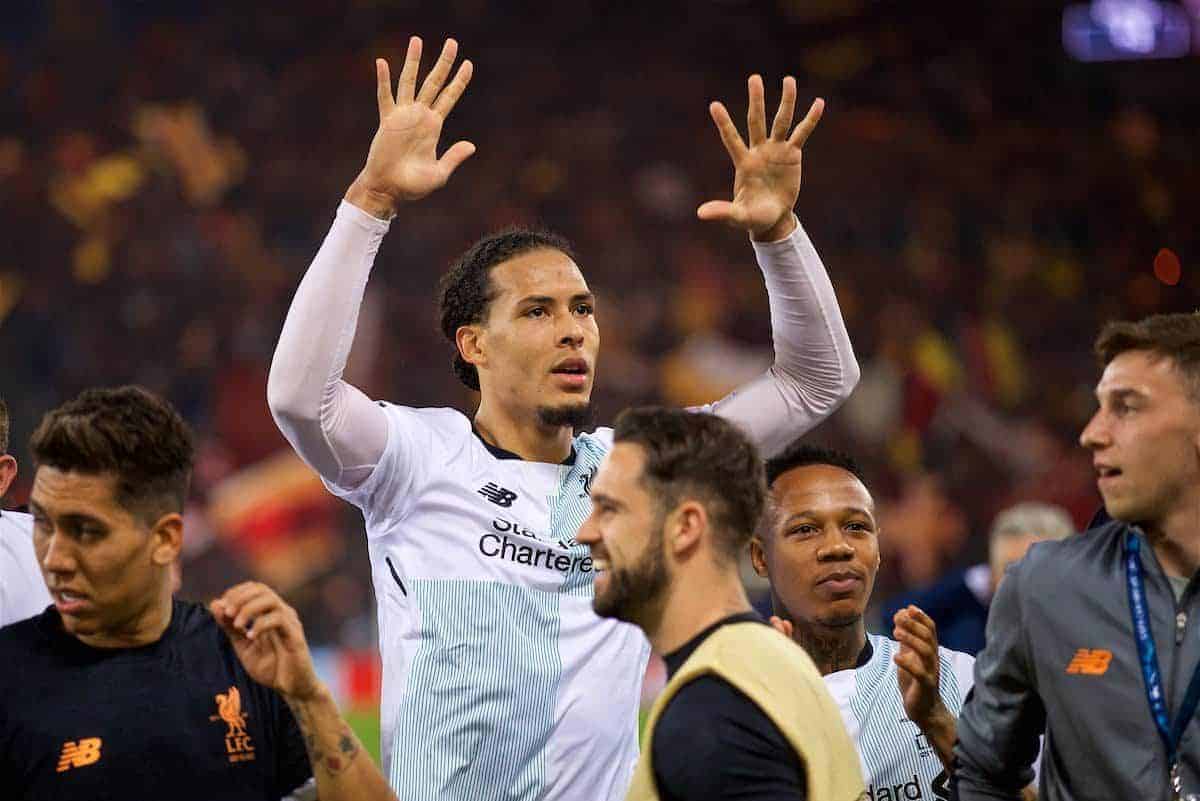 ROME, ITALY - Wednesday, May 2, 2018: Liverpool's Virgil van Dijk celebrates after the 7-6 aggregate victory over AS Roma during the UEFA Champions League Semi-Final 2nd Leg match between AS Roma and Liverpool FC at the Stadio Olimpico. (Pic by David Rawcliffe/Propaganda)