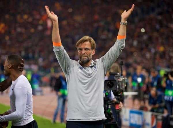 ROME, ITALY - Wednesday, May 2, 2018: Liverpool's manager Jürgen Klopp celebrates after the 7-6 aggregate victory over AS Roma during the UEFA Champions League Semi-Final 2nd Leg match between AS Roma and Liverpool FC at the Stadio Olimpico. (Pic by David Rawcliffe/Propaganda)