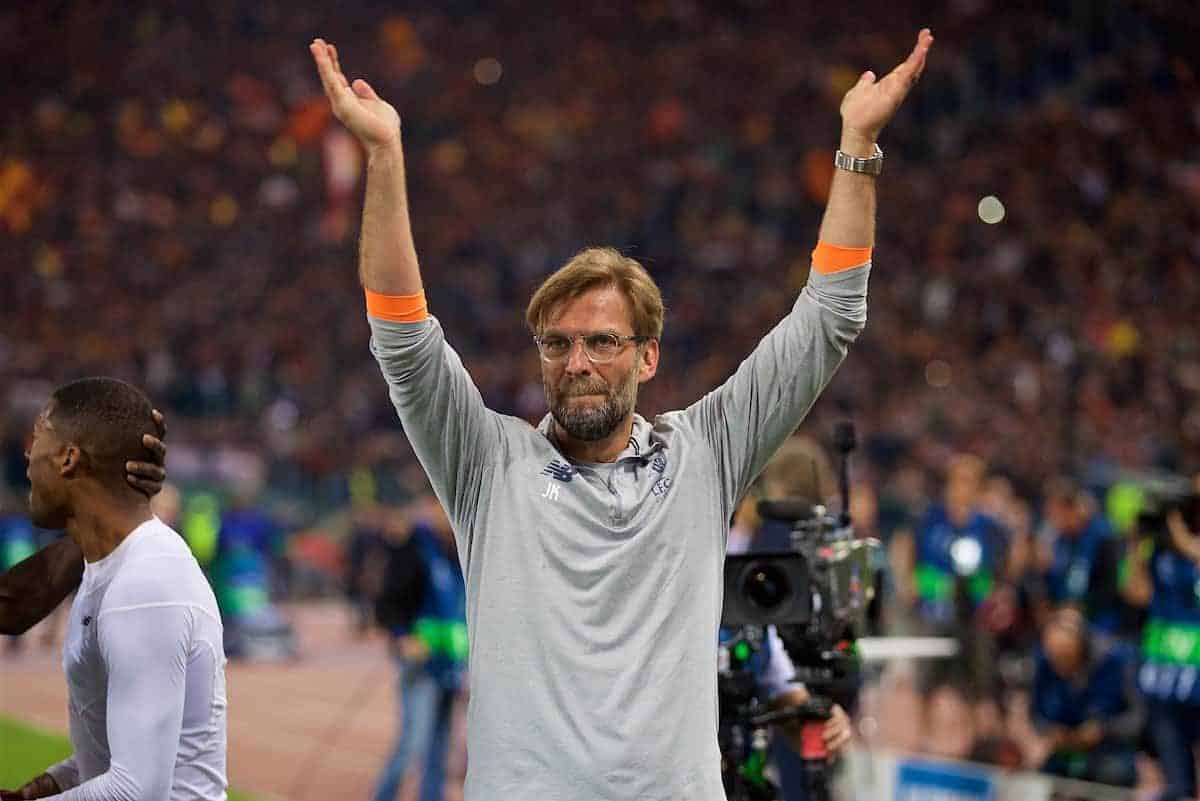 ROME, ITALY - Wednesday, May 2, 2018: Liverpool's manager Jürgen Klopp celebrates after the 7-6 aggregate victory over AS Roma during the UEFA Champions League Semi-Final 2nd Leg match between AS Roma and Liverpool FC at the Stadio Olimpico. (Pic by David Rawcliffe/Propaganda)