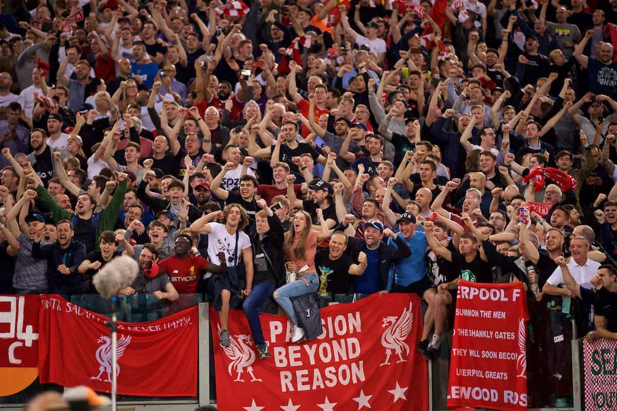 ROME, ITALY - Wednesday, May 2, 2018: Liverpool supporters celebrate after the 7-6 aggregate victory over AS Roma during the UEFA Champions League Semi-Final 2nd Leg match between AS Roma and Liverpool FC at the Stadio Olimpico. (Pic by David Rawcliffe/Propaganda)