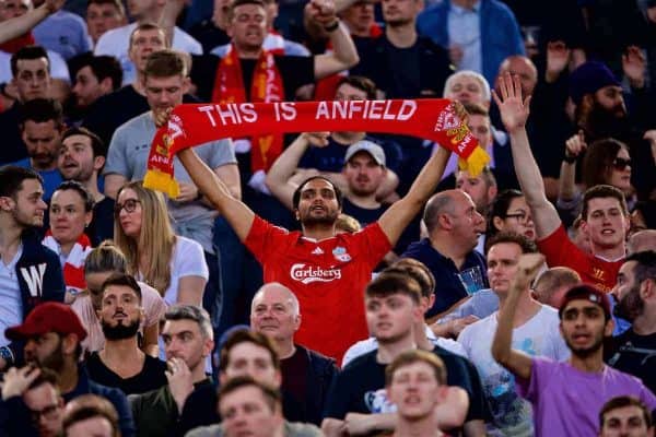 ROME, ITALY - Wednesday, May 2, 2018: A Liverpool supporter with a "This is Anfield" scarf before the UEFA Champions League Semi-Final 2nd Leg match between AS Roma and Liverpool FC at the Stadio Olimpico. (Pic by David Rawcliffe/Propaganda)