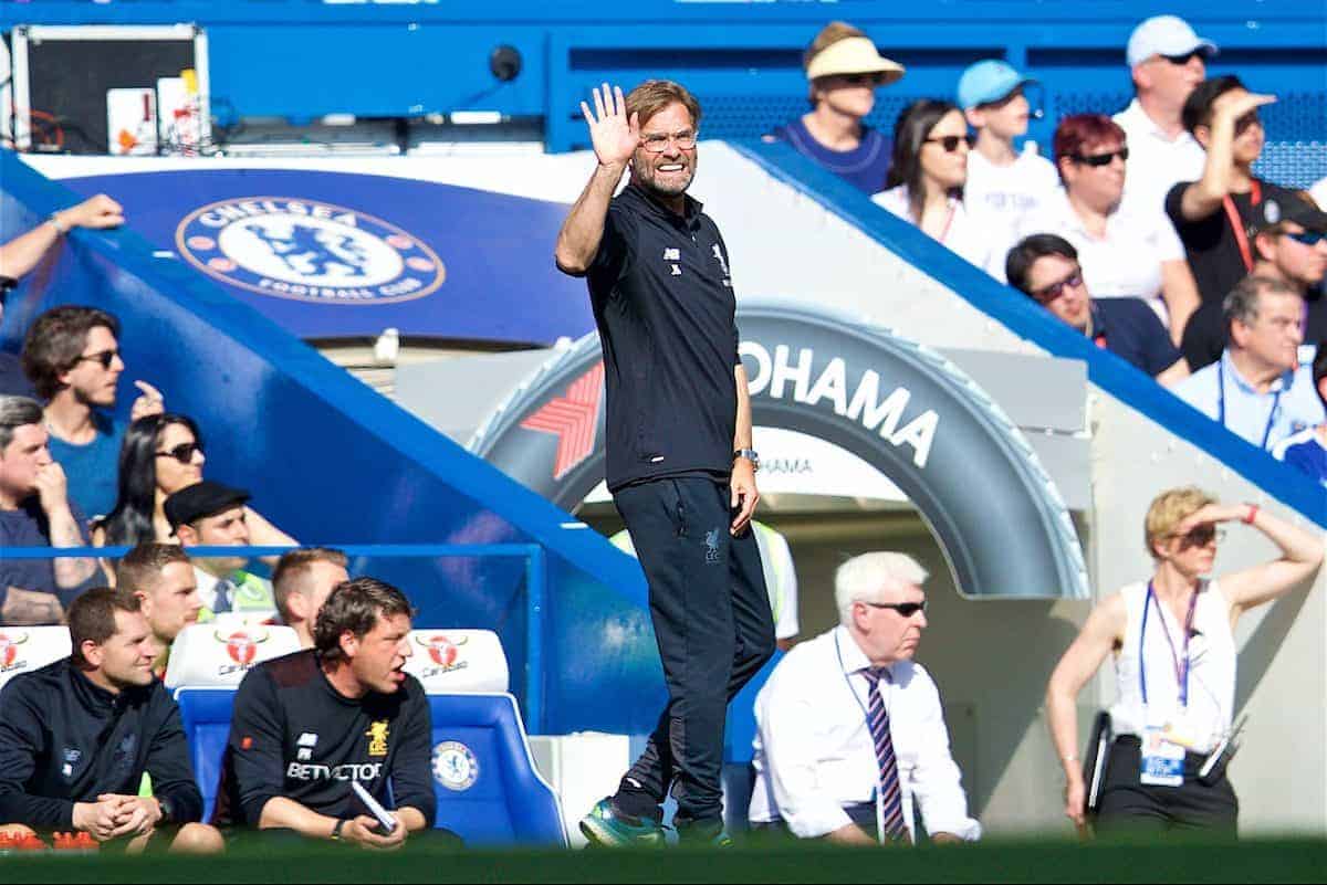 LONDON, ENGLAND - Sunday, May 6, 2018: Five times... Liverpool's manager Jürgen Klopp reacts during the FA Premier League match between Chelsea FC and Liverpool FC at Stamford Bridge. (Pic by David Rawcliffe/Propaganda)