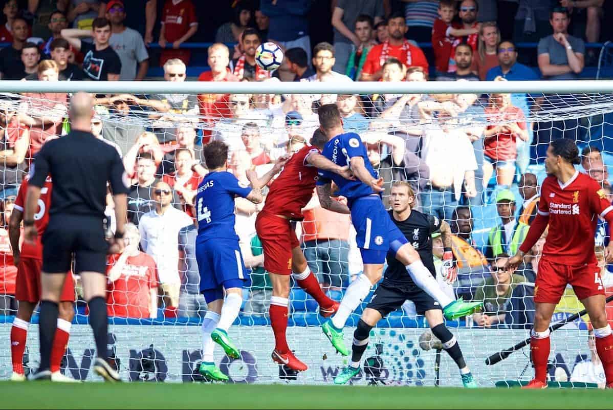 LONDON, ENGLAND - Sunday, May 6, 2018: Chelsea's Olivier Giroud scores the first goal during the FA Premier League match between Chelsea FC and Liverpool FC at Stamford Bridge. (Pic by David Rawcliffe/Propaganda)