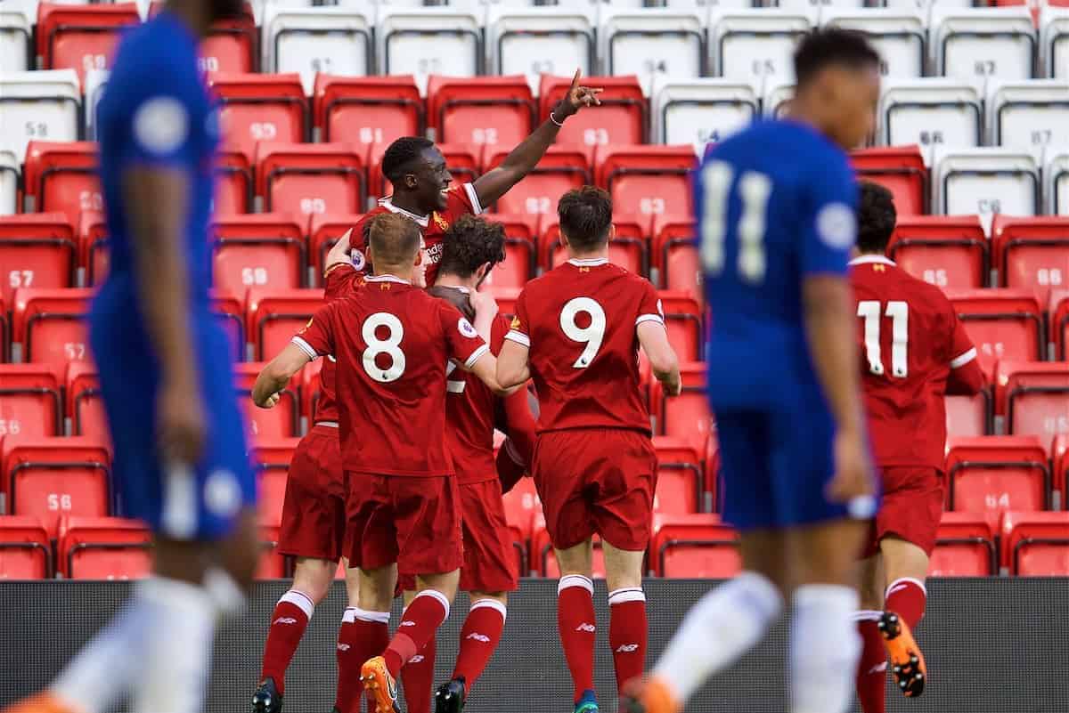 LIVERPOOL, ENGLAND - Tuesday, May 8, 2018: Liverpool's Bobby Adekanye celebrates scoring the second goal during the Under-23 FA Premier League 2 Division 1 match between Liverpool FC and Chelsea FC at Anfield. (Pic by David Rawcliffe/Propaganda)