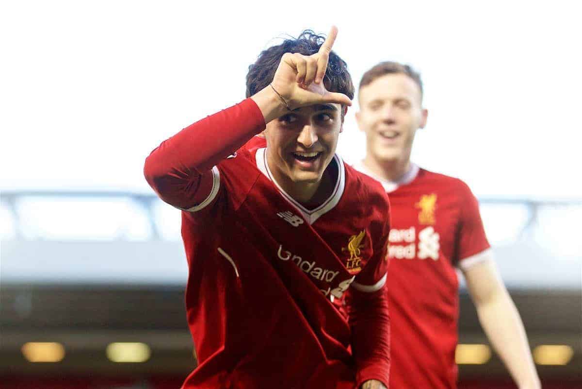 LIVERPOOL, ENGLAND - Tuesday, May 8, 2018: Liverpool's Yan Dhanda celebrates scoring the third goal, from a penalty kick, during the Under-23 FA Premier League 2 Division 1 match between Liverpool FC and Chelsea FC at Anfield. (Pic by David Rawcliffe/Propaganda)