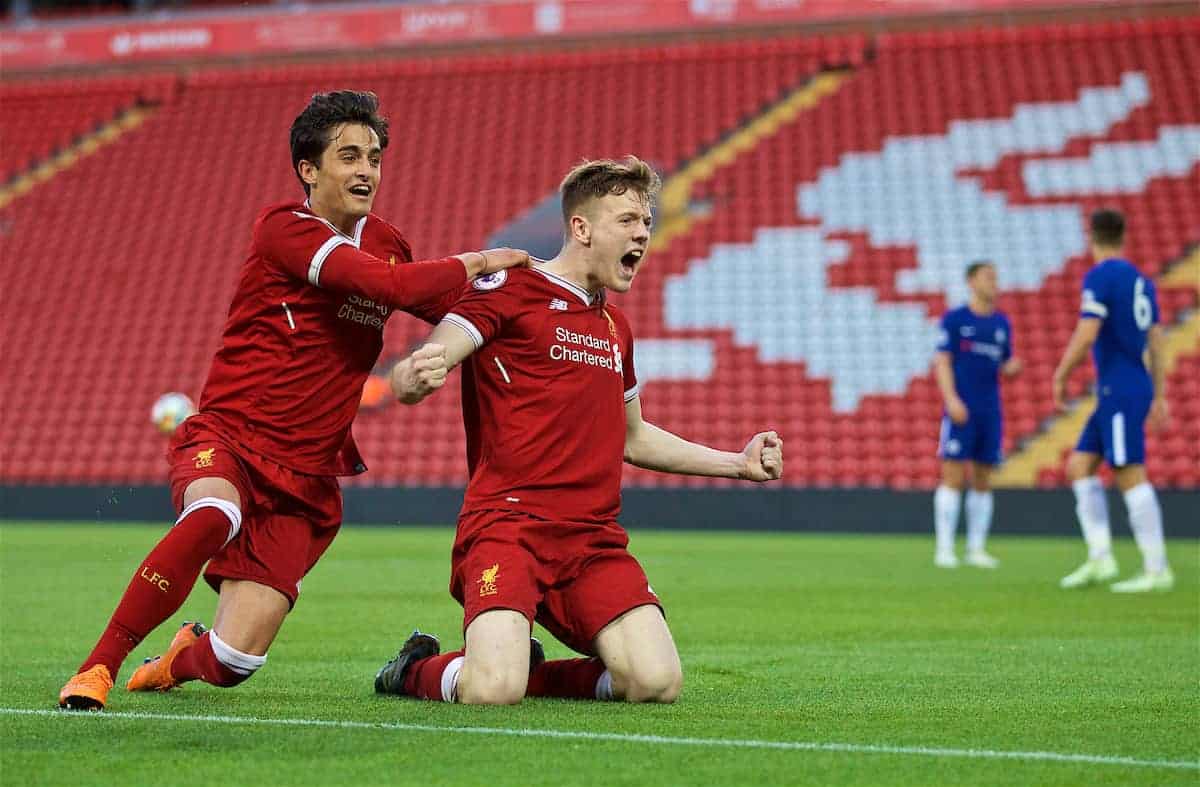 LIVERPOOL, ENGLAND - Tuesday, May 8, 2018: Liverpool's George Johnston (right) celebrates scoring the fourth goal with team-mate Yan Dhanda during the Under-23 FA Premier League 2 Division 1 match between Liverpool FC and Chelsea FC at Anfield. (Pic by David Rawcliffe/Propaganda)