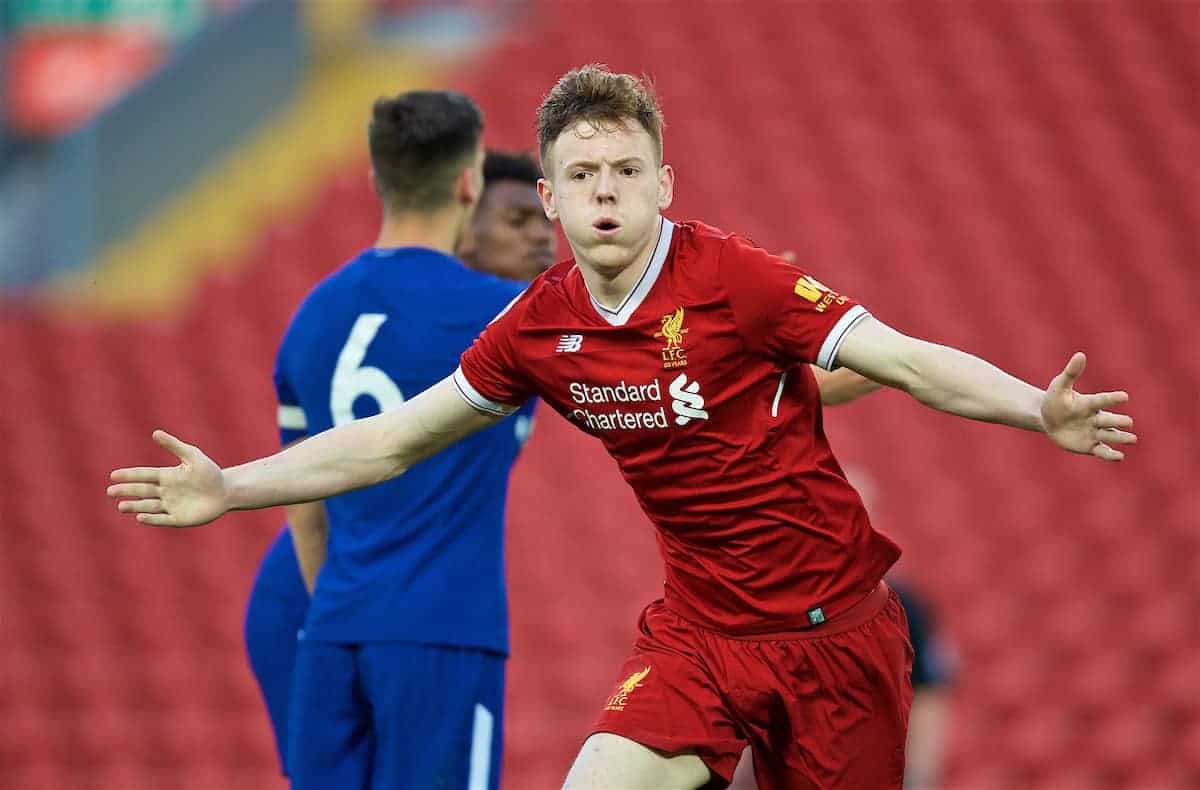 LIVERPOOL, ENGLAND - Tuesday, May 8, 2018: Liverpool's George Johnston (right) celebrates scoring the fourth goal, his second of the game, during the Under-23 FA Premier League 2 Division 1 match between Liverpool FC and Chelsea FC at Anfield. (Pic by David Rawcliffe/Propaganda)