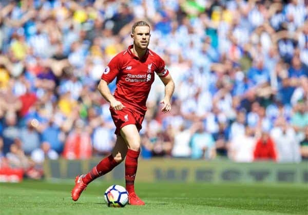 LIVERPOOL, ENGLAND - Sunday, May 13, 2018: Liverpool's captain Jordan Henderson during the FA Premier League match between Liverpool FC and Brighton & Hove Albion FC at Anfield. (Pic by David Rawcliffe/Propaganda)