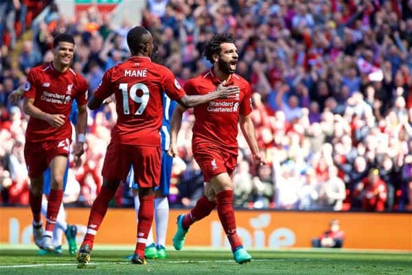 LIVERPOOL, ENGLAND - Sunday, May 13, 2018: Liverpool's Mohamed Salah celebrates scoring the first goal during the FA Premier League match between Liverpool FC and Brighton & Hove Albion FC at Anfield. (Pic by David Rawcliffe/Propaganda)