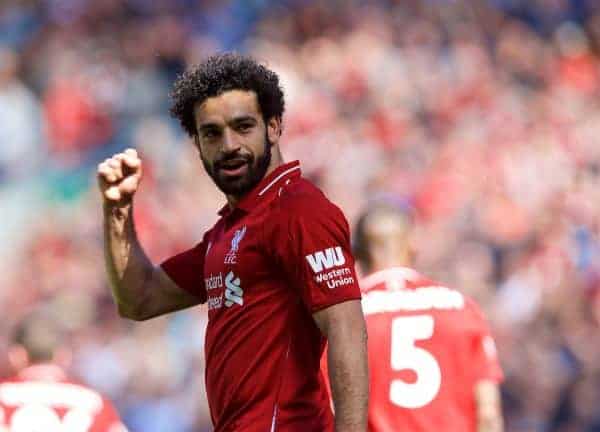 LIVERPOOL, ENGLAND - Sunday, May 13, 2018: Liverpool's Mohamed Salah celebrates scoring the first goal during the FA Premier League match between Liverpool FC and Brighton & Hove Albion FC at Anfield. (Pic by David Rawcliffe/Propaganda)