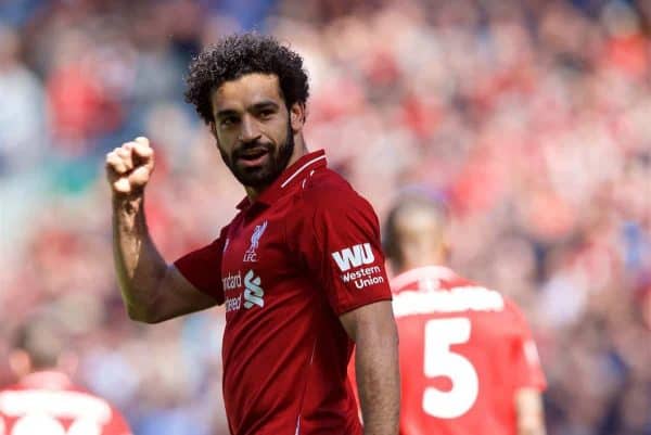 LIVERPOOL, ENGLAND - Sunday, May 13, 2018: Liverpool's Mohamed Salah celebrates scoring the first goal during the FA Premier League match between Liverpool FC and Brighton & Hove Albion FC at Anfield. (Pic by David Rawcliffe/Propaganda)