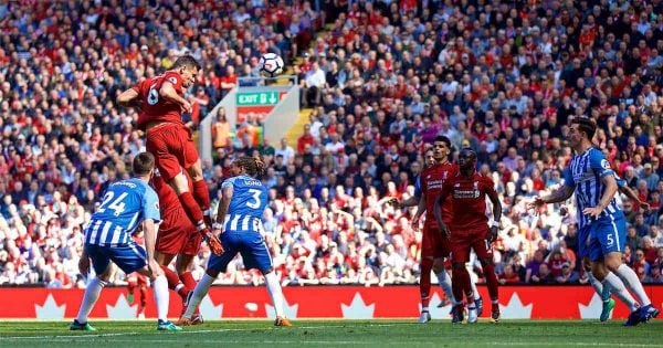 LIVERPOOL, ENGLAND - Sunday, May 13, 2018: Liverpool's Dejan Lovren scores the second goal during the FA Premier League match between Liverpool FC and Brighton & Hove Albion FC at Anfield. (Pic by David Rawcliffe/Propaganda)