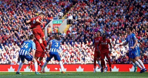 LIVERPOOL, ENGLAND - Sunday, May 13, 2018: Liverpool's Dejan Lovren scores the second goal during the FA Premier League match between Liverpool FC and Brighton & Hove Albion FC at Anfield. (Pic by David Rawcliffe/Propaganda)