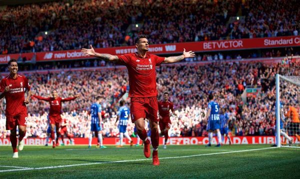 LIVERPOOL, ENGLAND - Sunday, May 13, 2018: Liverpool's Dejan Lovren celebrates scoring the second goal during the FA Premier League match between Liverpool FC and Brighton & Hove Albion FC at Anfield. (Pic by David Rawcliffe/Propaganda)