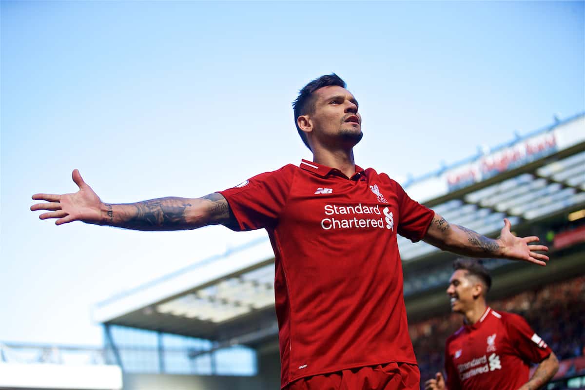 LIVERPOOL, ENGLAND - Sunday, May 13, 2018: Liverpool's Dejan Lovren celebrates scoring the second goal during the FA Premier League match between Liverpool FC and Brighton & Hove Albion FC at Anfield. (Pic by David Rawcliffe/Propaganda)
