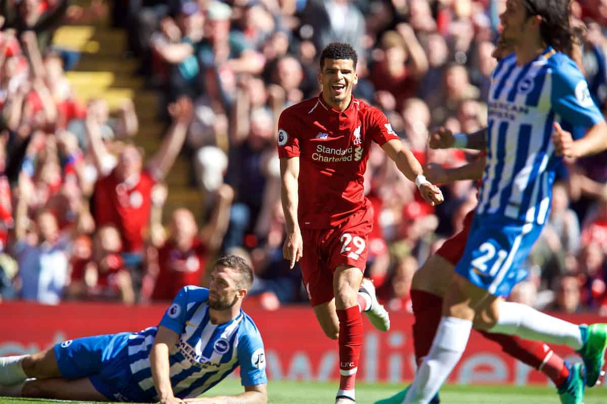 LIVERPOOL, ENGLAND - Sunday, May 13, 2018: Liverpool's Dominic Solanke celebrates scoring the third goal, his first for the club, during the FA Premier League match between Liverpool FC and Brighton & Hove Albion FC at Anfield. (Pic by David Rawcliffe/Propaganda)