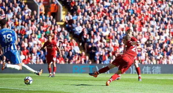 LIVERPOOL, ENGLAND - Sunday, May 13, 2018: Liverpool's Andy Robertson scores the fourth goal, his first for the club, during the FA Premier League match between Liverpool FC and Brighton & Hove Albion FC at Anfield. (Pic by David Rawcliffe/Propaganda)