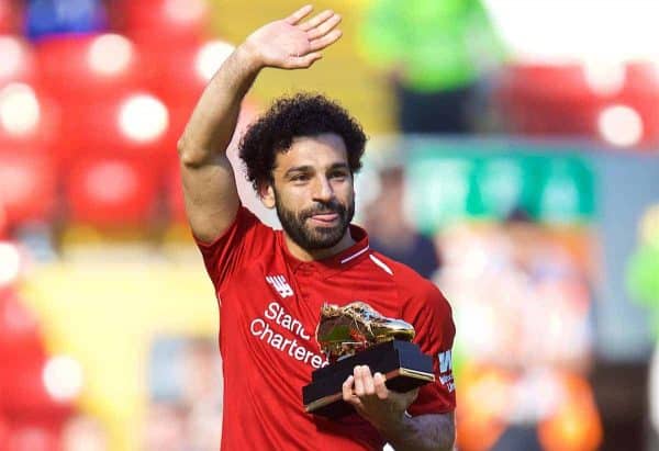 LIVERPOOL, ENGLAND - Sunday, May 13, 2018: Liverpool's Mohamed Salah waves to the supporters after receiving the Golden Boot trophy for finishing the season as the leading League goal-scorer during the FA Premier League match between Liverpool FC and Brighton & Hove Albion FC at Anfield. (Pic by David Rawcliffe/Propaganda)