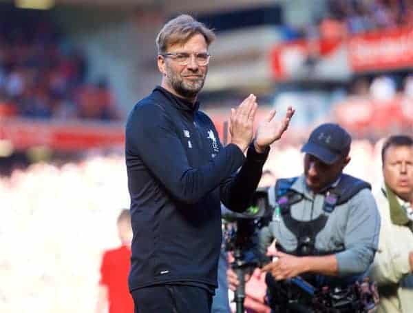 LIVERPOOL, ENGLAND - Sunday, May 13, 2018: Liverpool's manager Jürgen Klopp applauds the supporters as the players perform a lap of honour after the FA Premier League match between Liverpool FC and Brighton & Hove Albion FC at Anfield. Liverpool won 4-0. (Pic by David Rawcliffe/Propaganda)