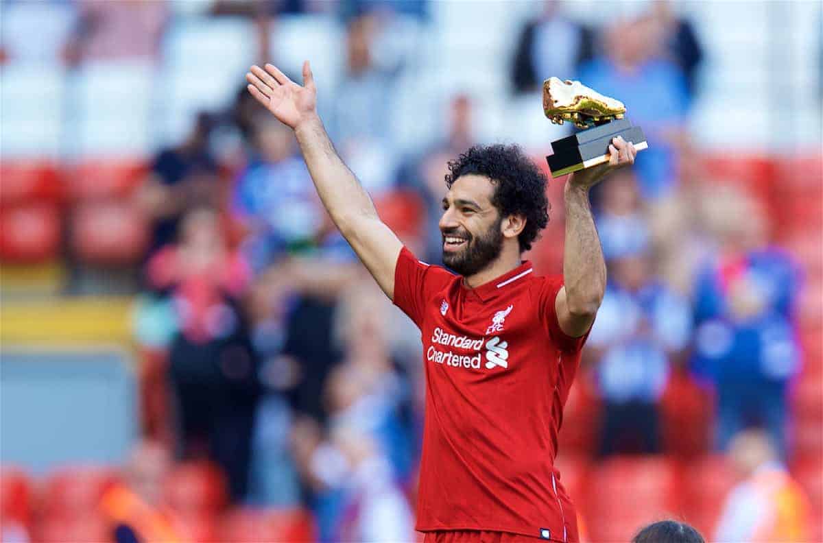 LIVERPOOL, ENGLAND - Sunday, May 13, 2018: Liverpool's Mohamed Salah waves to the supporters after receiving the Golden Boot trophy for finishing the season as the leading League goal-scorer during the FA Premier League match between Liverpool FC and Brighton & Hove Albion FC at Anfield. (Pic by David Rawcliffe/Propaganda)