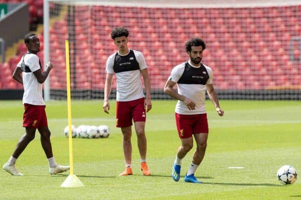 LIVERPOOL, ENGLAND - Monday, May 21, 2018: Liverpool's Mohamed Salah during a training session at Anfield ahead of the UEFA Champions League Final match between Real Madrid CF and Liverpool FC. (Pic by Paul Greenwood/Propaganda)