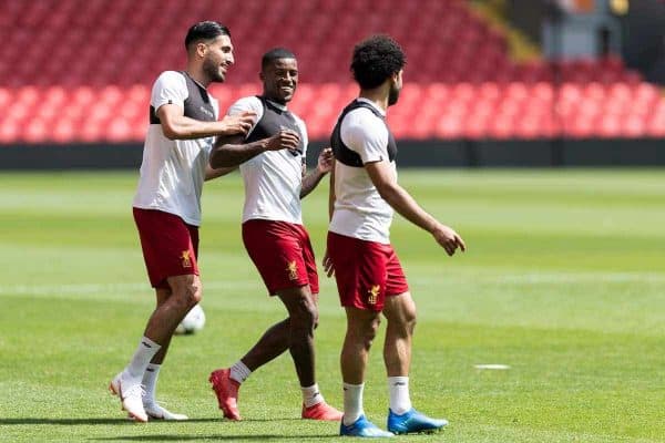 LIVERPOOL, ENGLAND - Monday, May 21, 2018: Liverpool's Emre Can, Georginio Wijnaldum and Mohamed Salah during a training session at Anfield ahead of the UEFA Champions League Final match between Real Madrid CF and Liverpool FC. (Pic by Paul Greenwood/Propaganda)