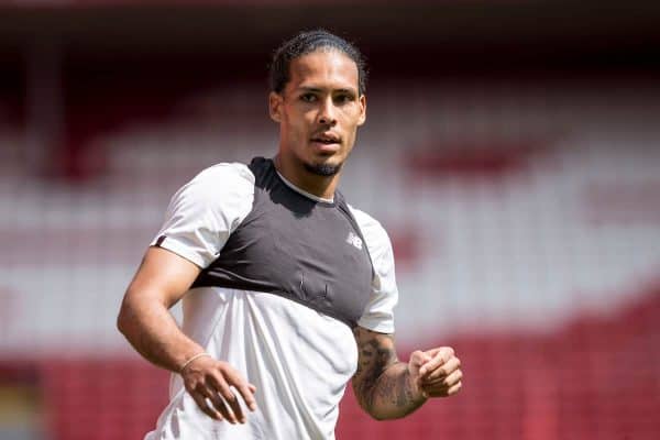 LIVERPOOL, ENGLAND - Monday, May 21, 2018: Liverpool's Virgil van Dijk during a training session at Anfield ahead of the UEFA Champions League Final match between Real Madrid CF and Liverpool FC. (Pic by Paul Greenwood/Propaganda)