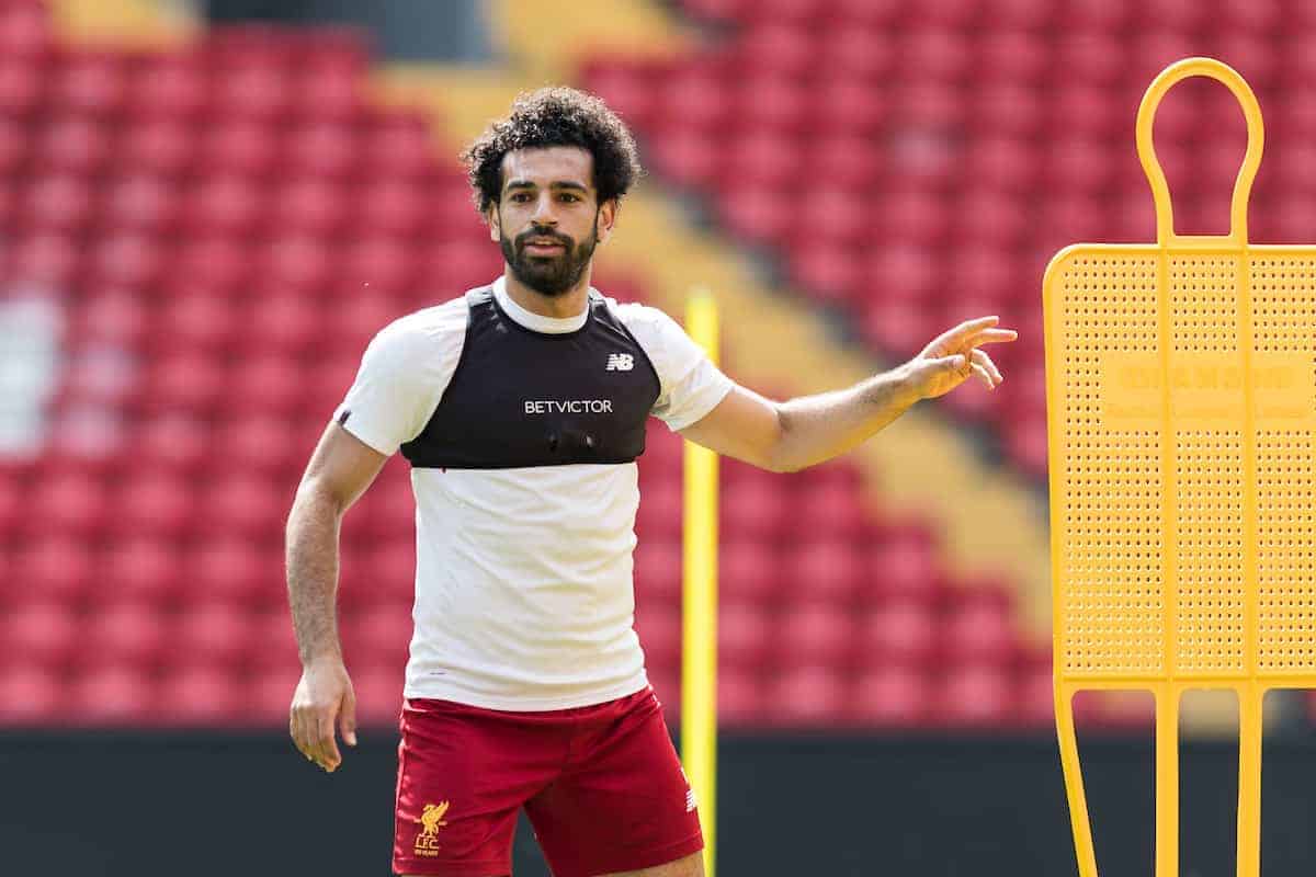 LIVERPOOL, ENGLAND - Monday, May 21, 2018: Liverpool's Mohamed Salah during a training session at Anfield ahead of the UEFA Champions League Final match between Real Madrid CF and Liverpool FC. (Pic by Paul Greenwood/Propaganda)