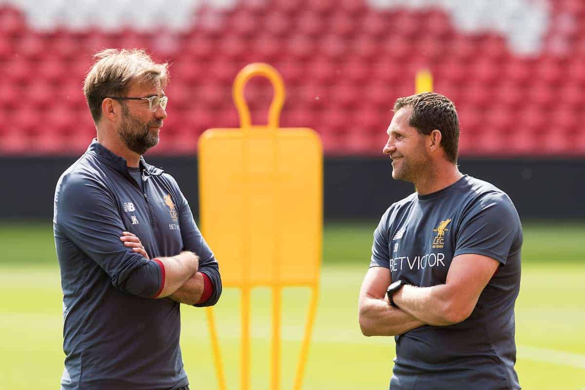 LIVERPOOL, ENGLAND - Monday, May 21, 2018: Liverpool's manager Jürgen Klopp and goalkeeping coach John Achterberg during a training session at Anfield ahead of the UEFA Champions League Final match between Real Madrid CF and Liverpool FC. (Pic by Paul Greenwood/Propaganda)