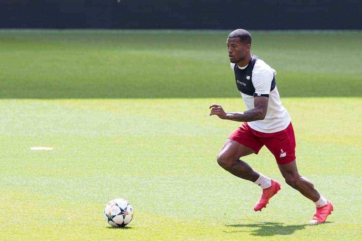 LIVERPOOL, ENGLAND - Monday, May 21, 2018: Liverpool's Georginio Wijnaldum during a training session at Anfield ahead of the UEFA Champions League Final match between Real Madrid CF and Liverpool FC. (Pic by Paul Greenwood/Propaganda)