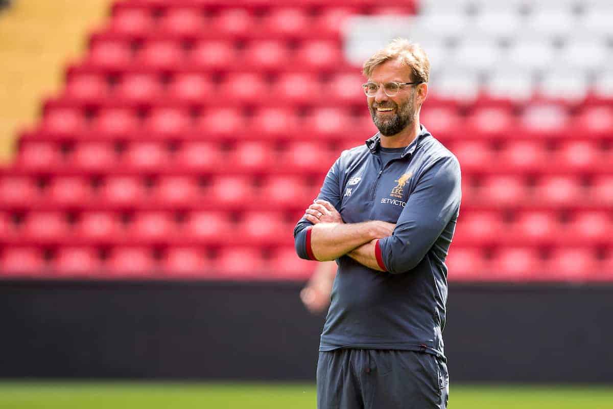 LIVERPOOL, ENGLAND - Monday, May 21, 2018: Liverpool's manager Jürgen Klopp during a training session at Anfield ahead of the UEFA Champions League Final match between Real Madrid CF and Liverpool FC. (Pic by Paul Greenwood/Propaganda)