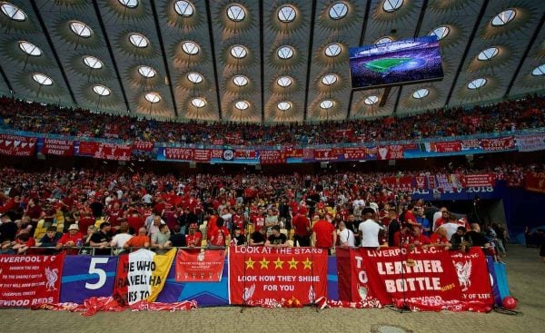 KIEV, UKRAINE - Saturday, May 26, 2018: Liverpool supporters and their banners during the UEFA Champions League Final match between Real Madrid CF and Liverpool FC at the NSC Olimpiyskiy. (Pic by Peter Powell/Propaganda)