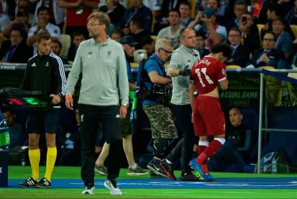KIEV, UKRAINE - Saturday, May 26, 2018: Liverpool's Mohamed Salah walks off in tears after being substituted with an injury during the UEFA Champions League Final match between Real Madrid CF and Liverpool FC at the NSC Olimpiyskiy. (Pic by Peter Powell/Propaganda)