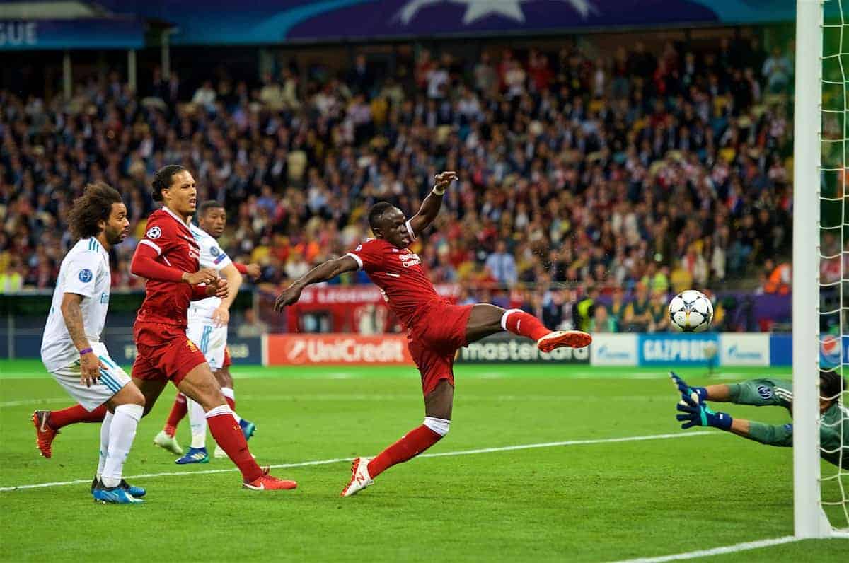 KIEV, UKRAINE - Saturday, May 26, 2018: Liverpool's Sadio Mane scores the first goal to equalise the score at 1-1 during the UEFA Champions League Final match between Real Madrid CF and Liverpool FC at the NSC Olimpiyskiy. (Pic by Peter Powell/Propaganda)