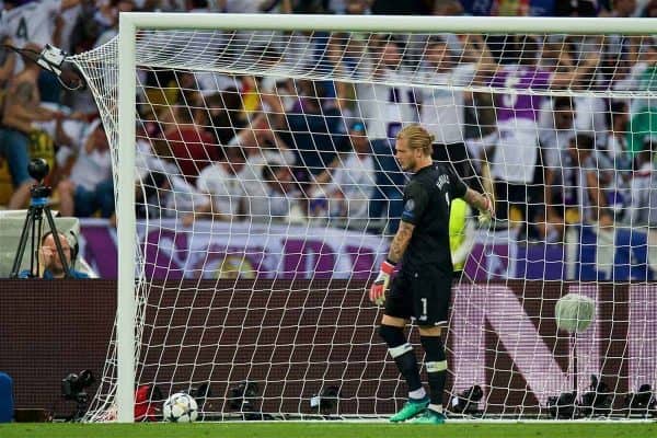 KIEV, UKRAINE - Saturday, May 26, 2018: Liverpool's goalkeeper Loris Karius looks dejected after gifting Real Madrid the opening goal during the UEFA Champions League Final match between Real Madrid CF and Liverpool FC at the NSC Olimpiyskiy. (Pic by Peter Powell/Propaganda)