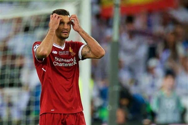 KIEV, UKRAINE - Saturday, May 26, 2018: Liverpool's Dejan Lovren looks dejected after Real Madrid score the opening goal during the UEFA Champions League Final match between Real Madrid CF and Liverpool FC at the NSC Olimpiyskiy. (Pic by Peter Powell/Propaganda)