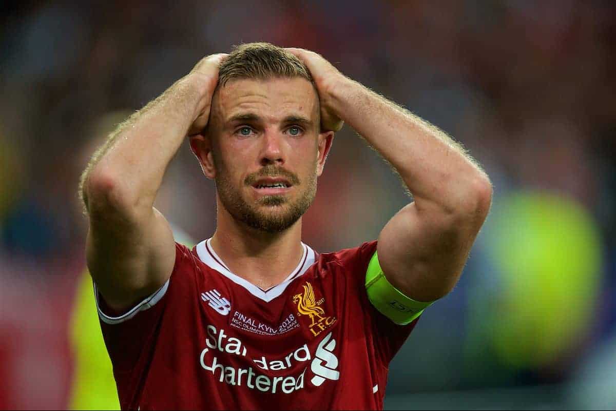 KIEV, UKRAINE - Saturday, May 26, 2018: Liverpool's captain Jordan Henderson looks dejected as his side lose during the UEFA Champions League Final match between Real Madrid CF and Liverpool FC at the NSC Olimpiyskiy. Real Madrid won 3-1. (Pic by Peter Powell/Propaganda)