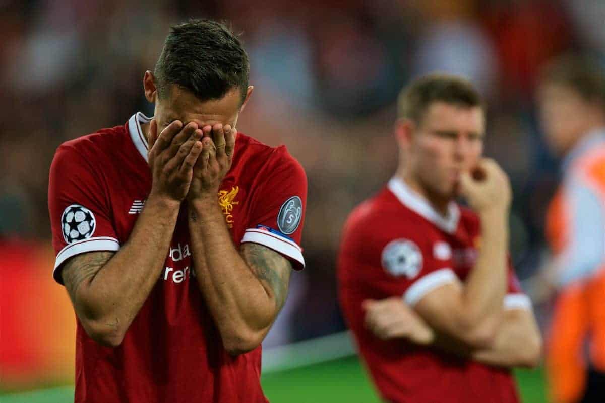 KIEV, UKRAINE - Saturday, May 26, 2018: Liverpool's Dejan Lovren looks dejected after the UEFA Champions League Final match between Real Madrid CF and Liverpool FC at the NSC Olimpiyskiy. Real Madrid won 3-1. (Pic by Peter Powell/Propaganda)