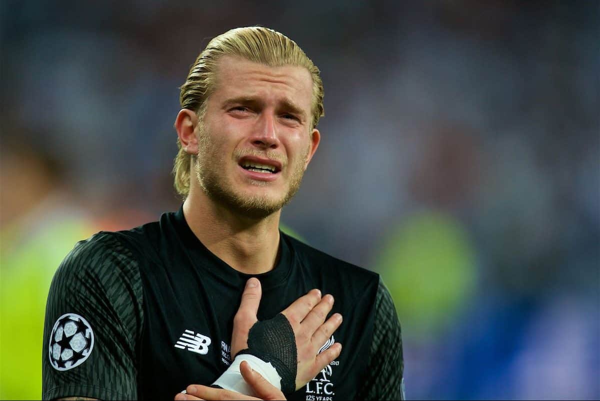 KIEV, UKRAINE - Saturday, May 26, 2018: Liverpool's goalkeeper Loris Karius looks dejected after his two mistakes gifted goals to Real Madrid during the UEFA Champions League Final match between Real Madrid CF and Liverpool FC at the NSC Olimpiyskiy. Real Madrid won 3-1. (Pic by Peter Powell/Propaganda)