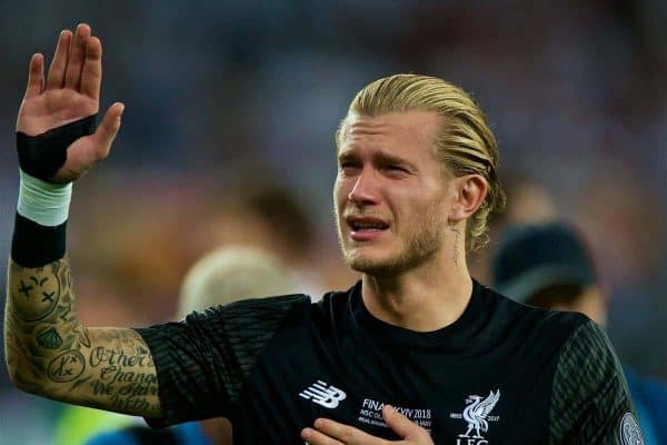 KIEV, UKRAINE - Saturday, May 26, 2018: Liverpool's goalkeeper Loris Karius looks dejected after his two mistakes gifted goals to Real Madrid during the UEFA Champions League Final match between Real Madrid CF and Liverpool FC at the NSC Olimpiyskiy. Real Madrid won 3-1. (Pic by Peter Powell/Propaganda)