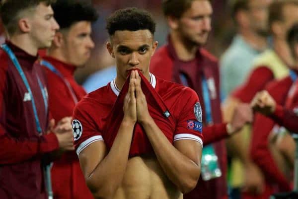 KIEV, UKRAINE - Saturday, May 26, 2018: Liverpool's Trent Alexander-Arnold looks dejected after the UEFA Champions League Final match between Real Madrid CF and Liverpool FC at the NSC Olimpiyskiy. Real Madrid won 3-1. (Pic by Peter Powell/Propaganda)