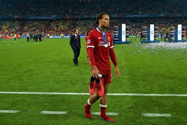KIEV, UKRAINE - Saturday, May 26, 2018: Liverpool's Virgil van Dijk looks dejected after the UEFA Champions League Final match between Real Madrid CF and Liverpool FC at the NSC Olimpiyskiy. Real Madrid won 3-1. (Pic by Peter Powell/Propaganda)