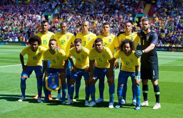 LIVERPOOL, ENGLAND - Sunday, June 3, 2018: Brazil's players line-up for a team group photograph before an international friendly between Brazil and Croatia at Anfield. Back row L-R: José Paulo Bezerra Maciel Júnior 'Paulinho', Fernandinho Luiz Roza, João Miranda, Thiago Silva, Danilo Luiz da Silva, goalkeeper Alisson Becker. Front row L-R: Willian Borges da Silva, captain Gabriel Fernando de Jesus, Philippe Coutinho Correia, Carlos Henrique Casemiro, Marcelo Vieira da Silva Júnior. (Pic by David Rawcliffe/Propaganda)