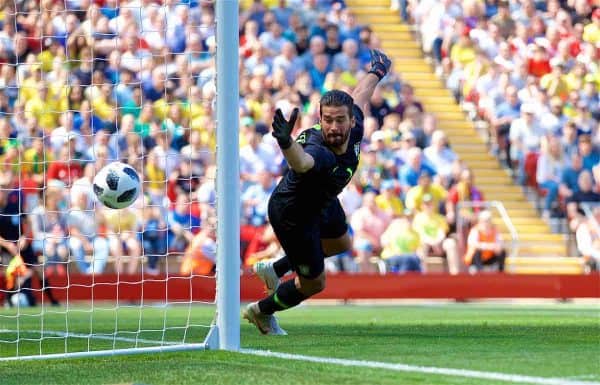 LIVERPOOL, ENGLAND - Sunday, June 3, 2018: Brazil's goalkeeper Alisson Becker during an international friendly between Brazil and Croatia at Anfield. (Pic by David Rawcliffe/Propaganda)