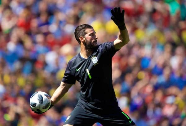 LIVERPOOL, ENGLAND - Sunday, June 3, 2018: Brazil's goalkeeper Alisson Becker during an international friendly between Brazil and Croatia at Anfield. (Pic by David Rawcliffe/Propaganda)