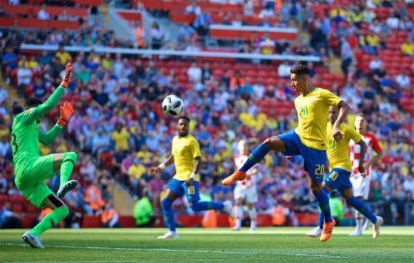 LIVERPOOL, ENGLAND - Sunday, June 3, 2018: Brazil and Liverpool striker Roberto Firmino scores the second goal during an international friendly between Brazil and Croatia at Anfield. Brazil won 2-0. (Pic by David Rawcliffe/Propaganda)