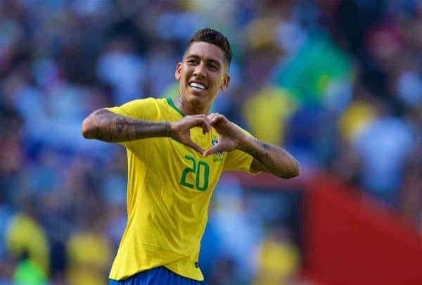 LIVERPOOL, ENGLAND - Sunday, June 3, 2018: Brazil and Liverpool striker Roberto Firmino celebrates scoring the second goal during an international friendly between Brazil and Croatia at Anfield. Brazil won 2-0. (Pic by David Rawcliffe/Propaganda)