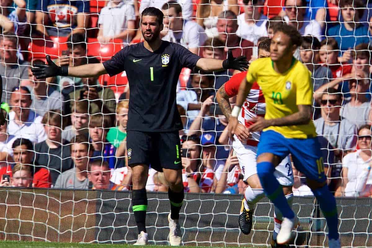 LIVERPOOL, ENGLAND - Sunday, June 3, 2018: Brazil's goalkeeper Alisson Becker during an international friendly between Brazil and Croatia at Anfield. (Pic by David Rawcliffe/Propaganda)